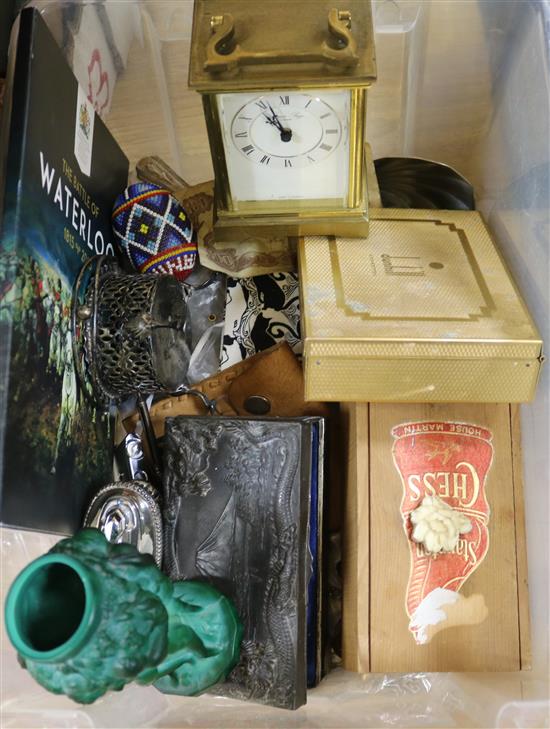 Two lacquer panels, a carriage clock, a box, etc